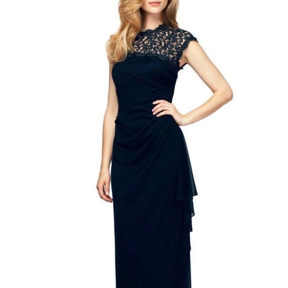 Alex Evenings Navy Blue Metallic Lace Bodice Cocktail Dress Petite Size 8P (F10)